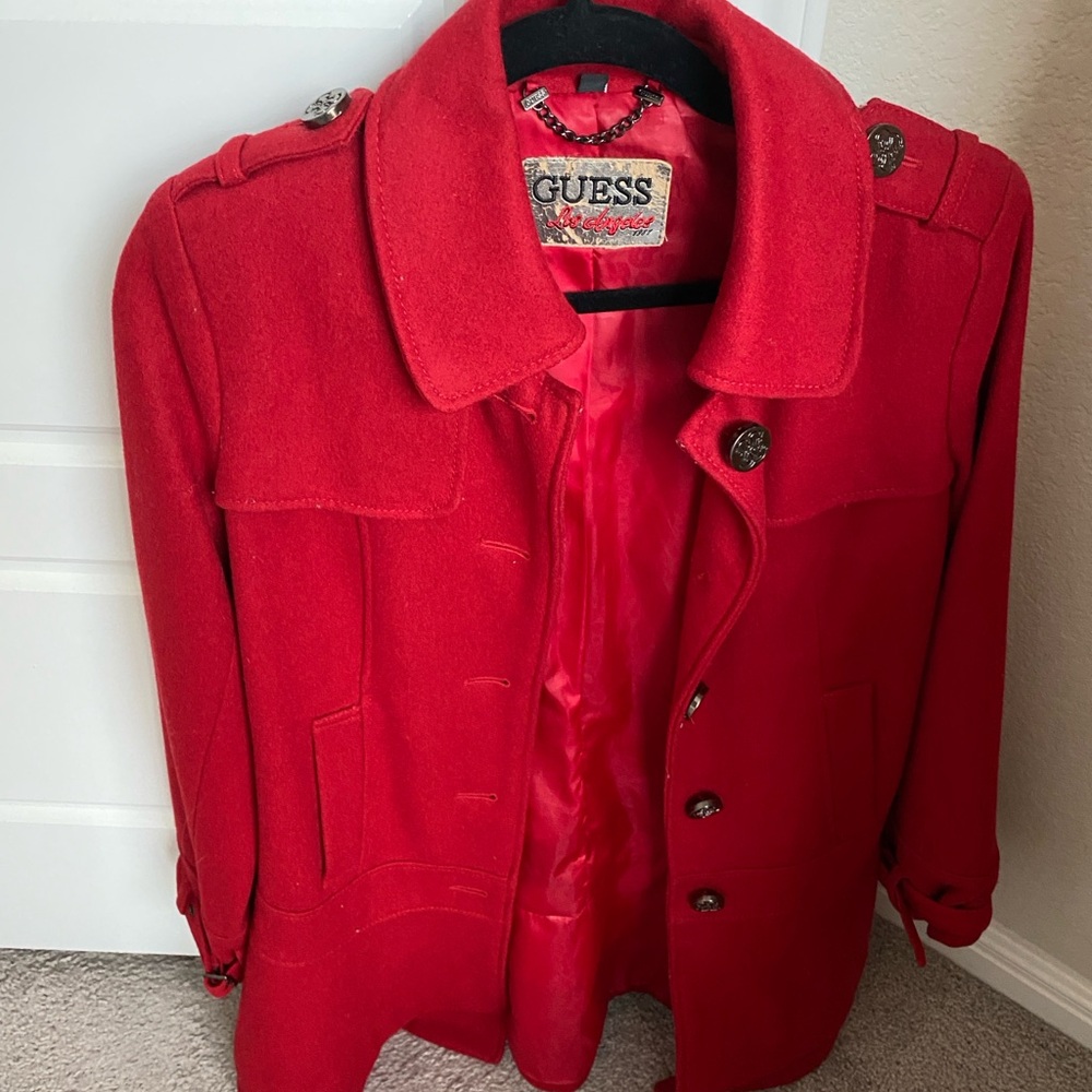 Vintage GUESS Women's Red Wool Coat